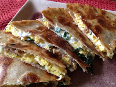 ultimate-breakfast-quesadilla-with-scrambled-eggs-sausage-spinach-and-goat-cheese