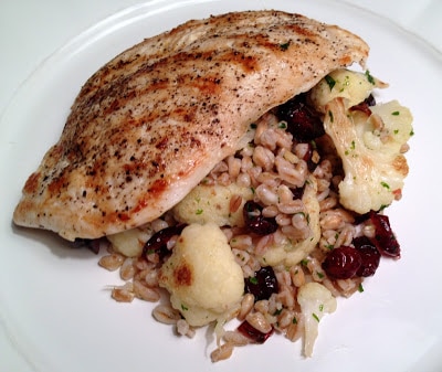 pounded-chicken-breasts-with-farro-salad-with-cauliflower-and-cranberries