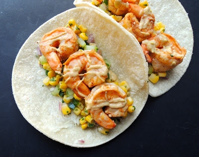 shrimp-tacos-with-corn-salsa-and-chipotle-avocado-crema