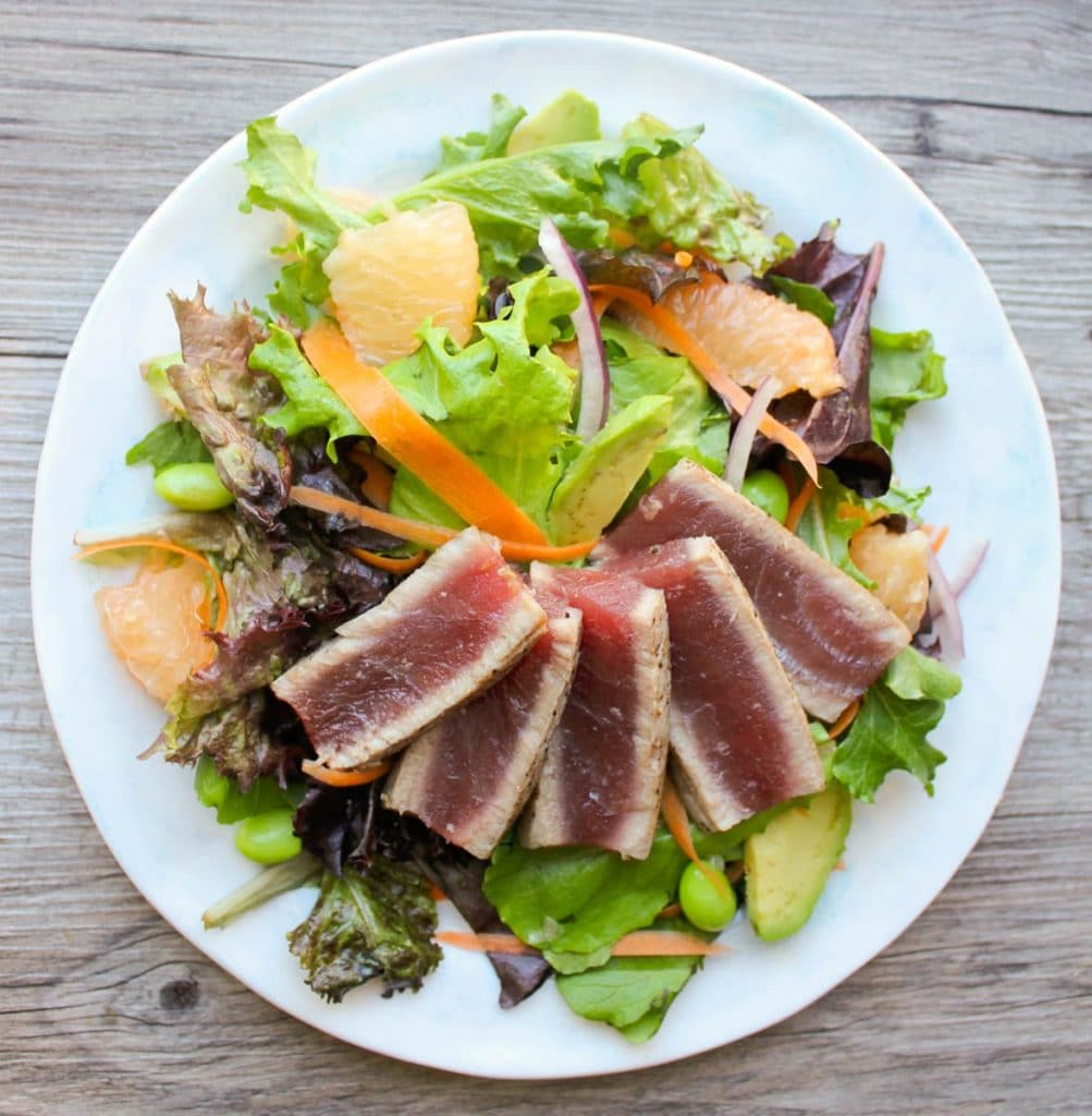 Plated Seared Ahi Tuna Steak Salad overhead.