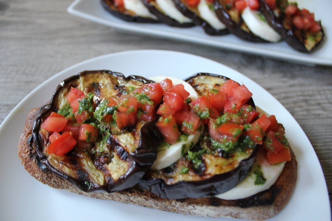 Grilled-Eggplant-with-mozzarella-tomatoes-and-basil-vinaigrette-bruschetta