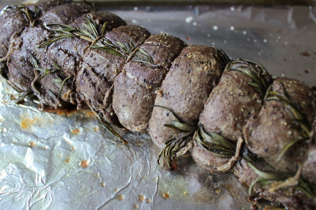 Slow-roasted beef tenderloin just removed from the oven.