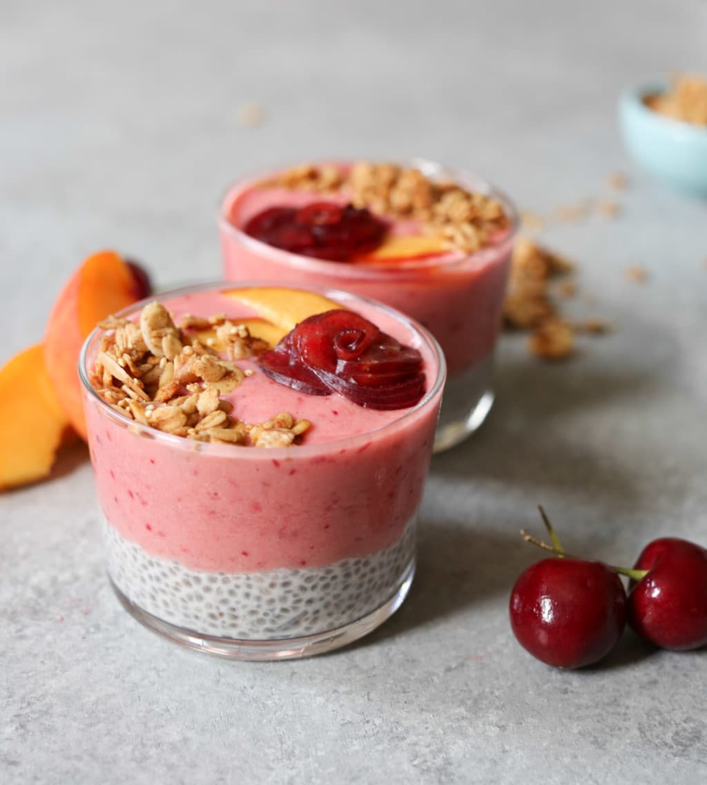 Peach-Cherry Smoothie and Coconut Chia Pudding Parfaits.