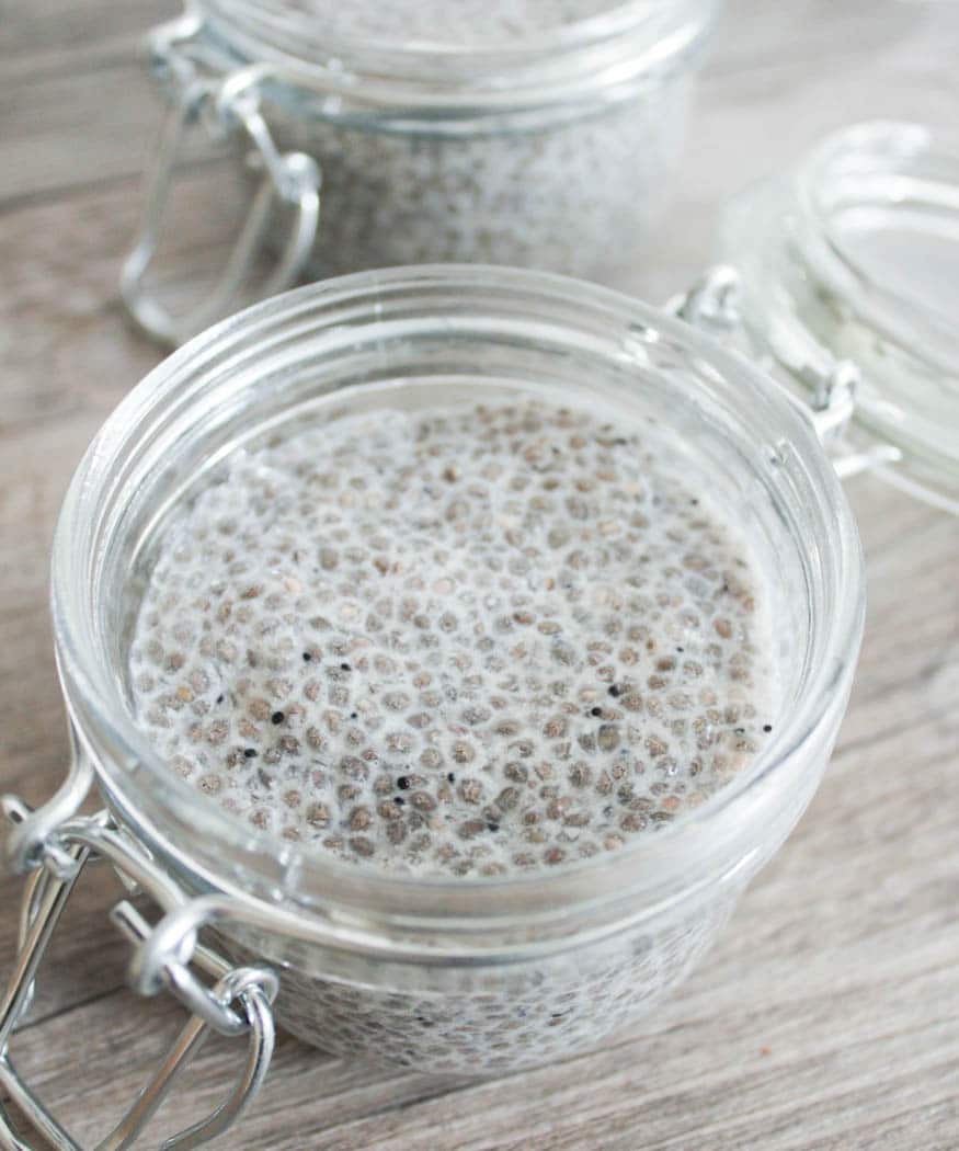 Close up of a weck jar filled with ungarnished chia seed pudding to show texture. 