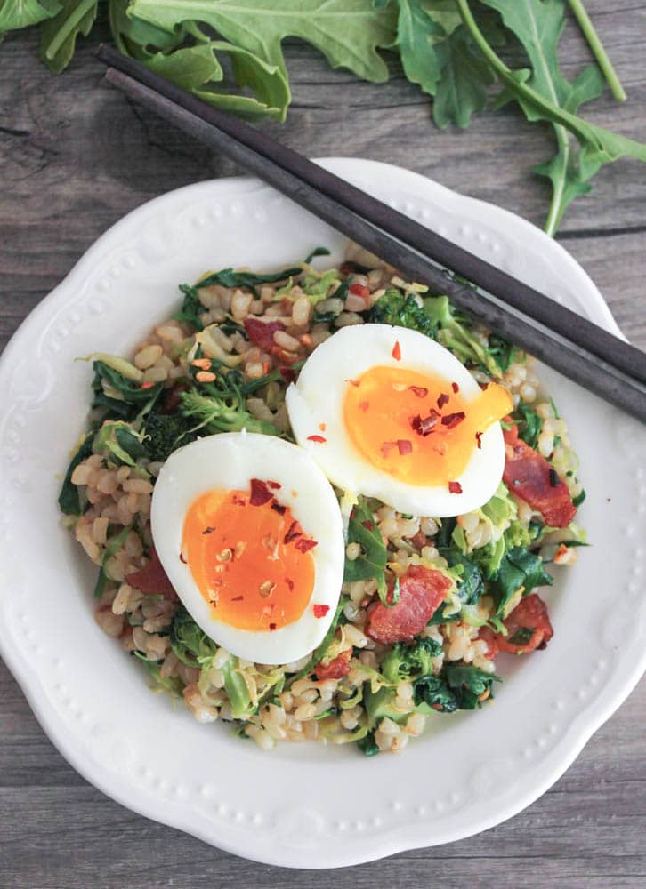 healthy-bacon-fried-brown-rice-with-broccoli-wilted-greens-and-egg-2
