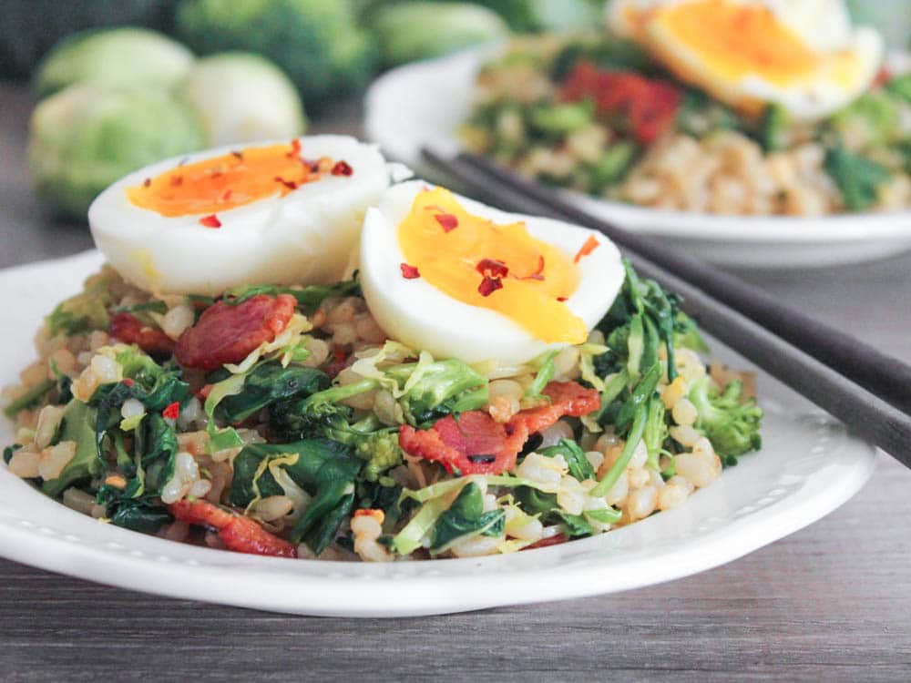 healthy-bacon-fried-brown-rice-with-broccoli-wilted-greens-and-egg-3