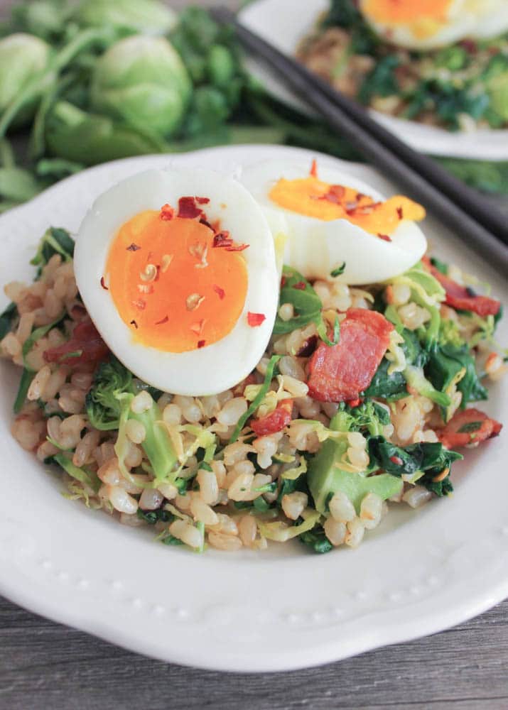 healthy-bacon-fried-brown-rice-with-wilted-greens-and-egg