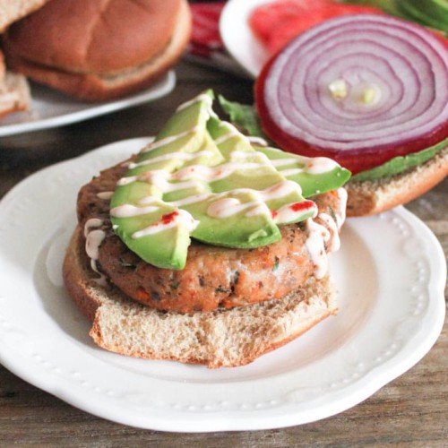 Sweet Potato and Black Bean Turkey Burgers with SrirachaLime Crema