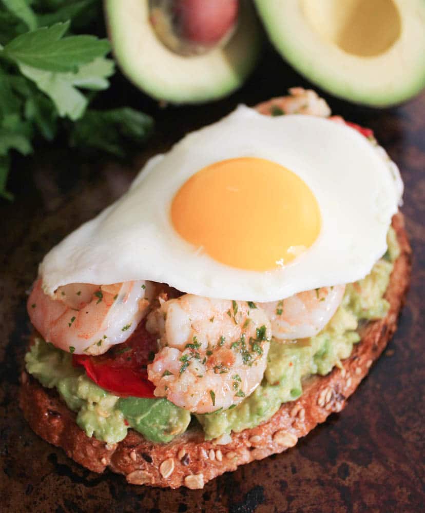 Avocado-Toast-with-Charred-Tomatoes-Garlic-Shrimp-and-Fried-Eggs-2