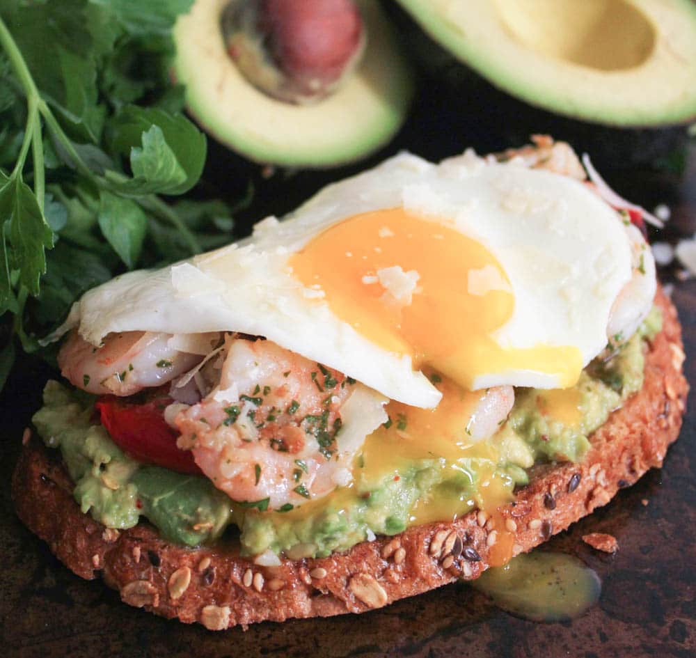 Avocado-Toast-with-Charred-Tomatoes-Garlic-Shrimp-and-Fried-Eggs-5