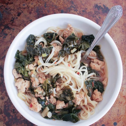 Brown Rice Noodle Soup with Spicy Pork and Greens Domesticate ME