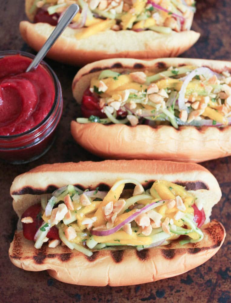 Hot Dogs with Cucumber-Mango Slaw and Homemade Srirachup