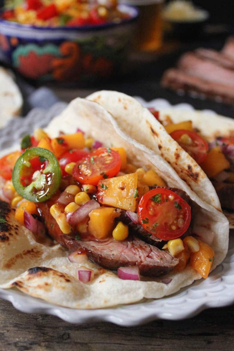 Barbecue-Flank-Steak-Tacos-with-Corn-Peach-Salsa