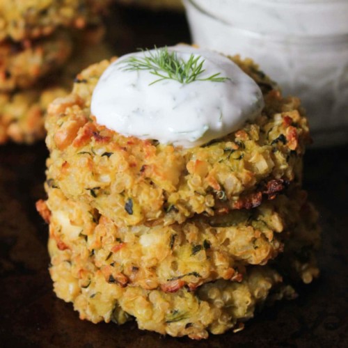 Crispy Baked ZucchiniQuinoa Cakes with Dill Yogurt Sauce Domesticate ME