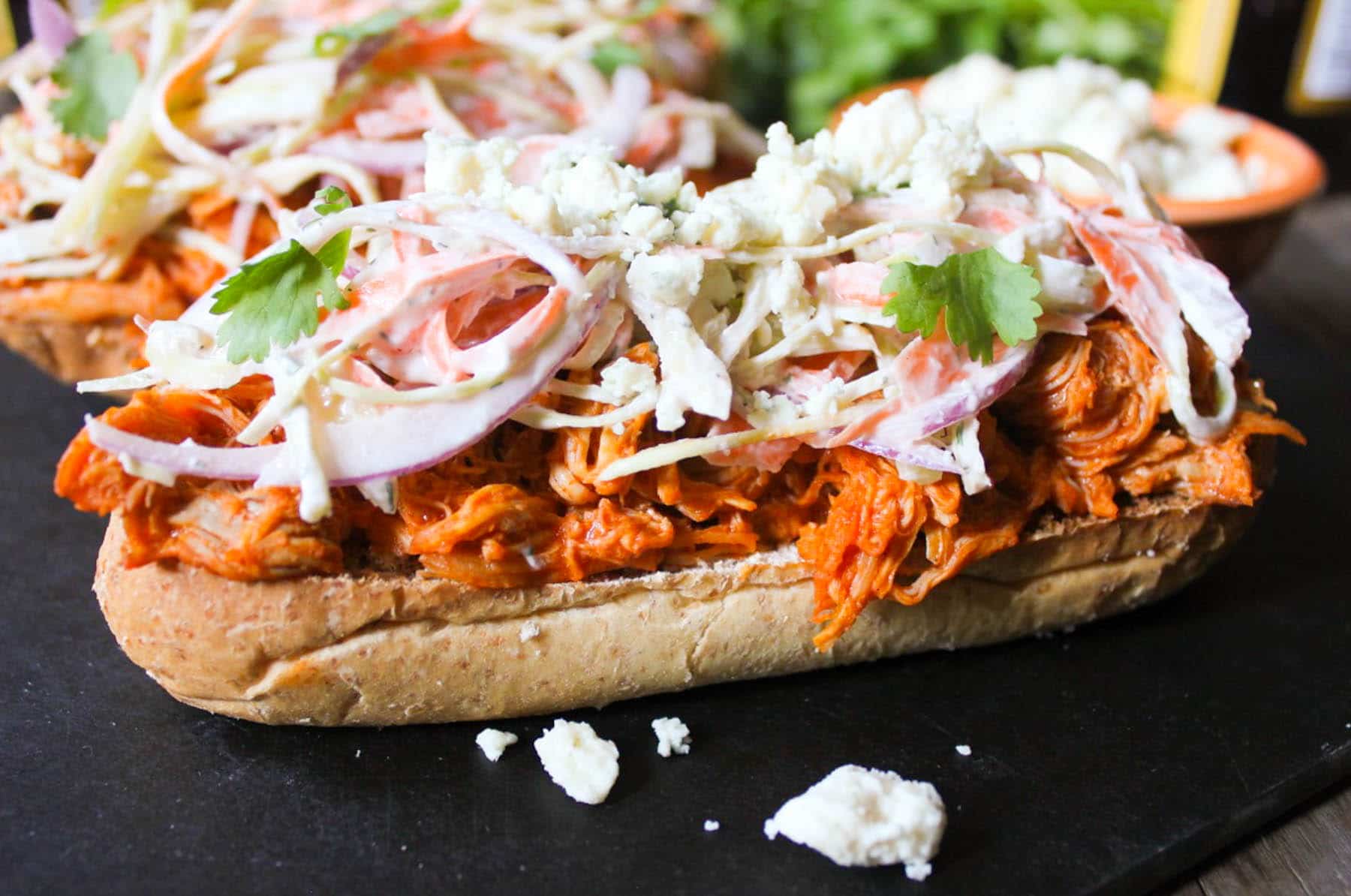 Open-Face Buffalo-Chicken-Subs-with-Ranch-Slaw-and-Blue-Cheese-Crumbles-4