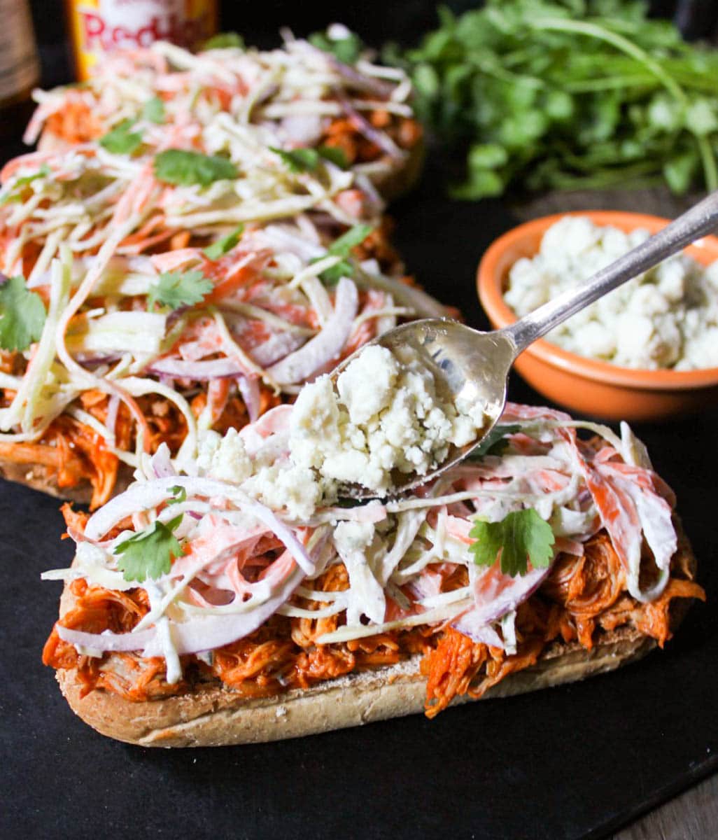 Open-Face Buffalo-Chicken-Subs-with-Ranch-Slaw-and-Blue-Cheese-Crumbles-6