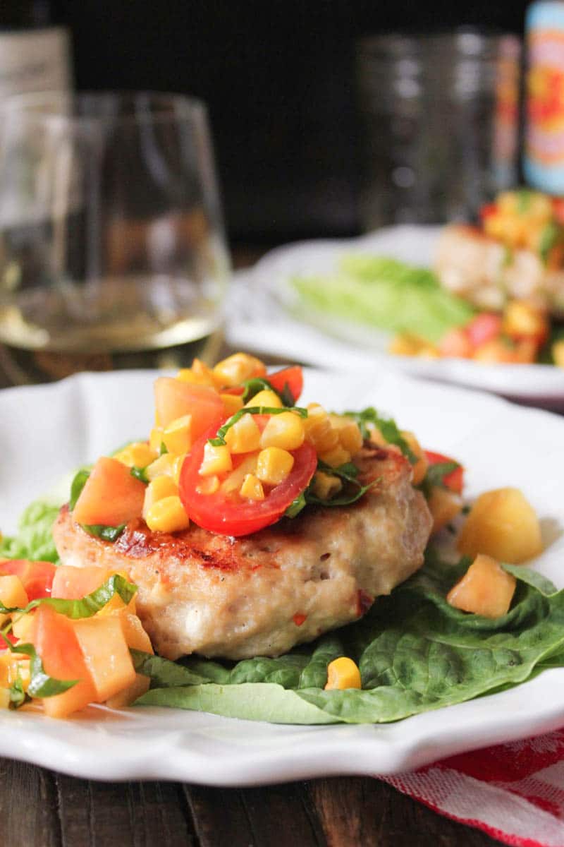 chicken-and-goat-cheese-burgers-with-peaches-corn-and-cherry-tomatoes