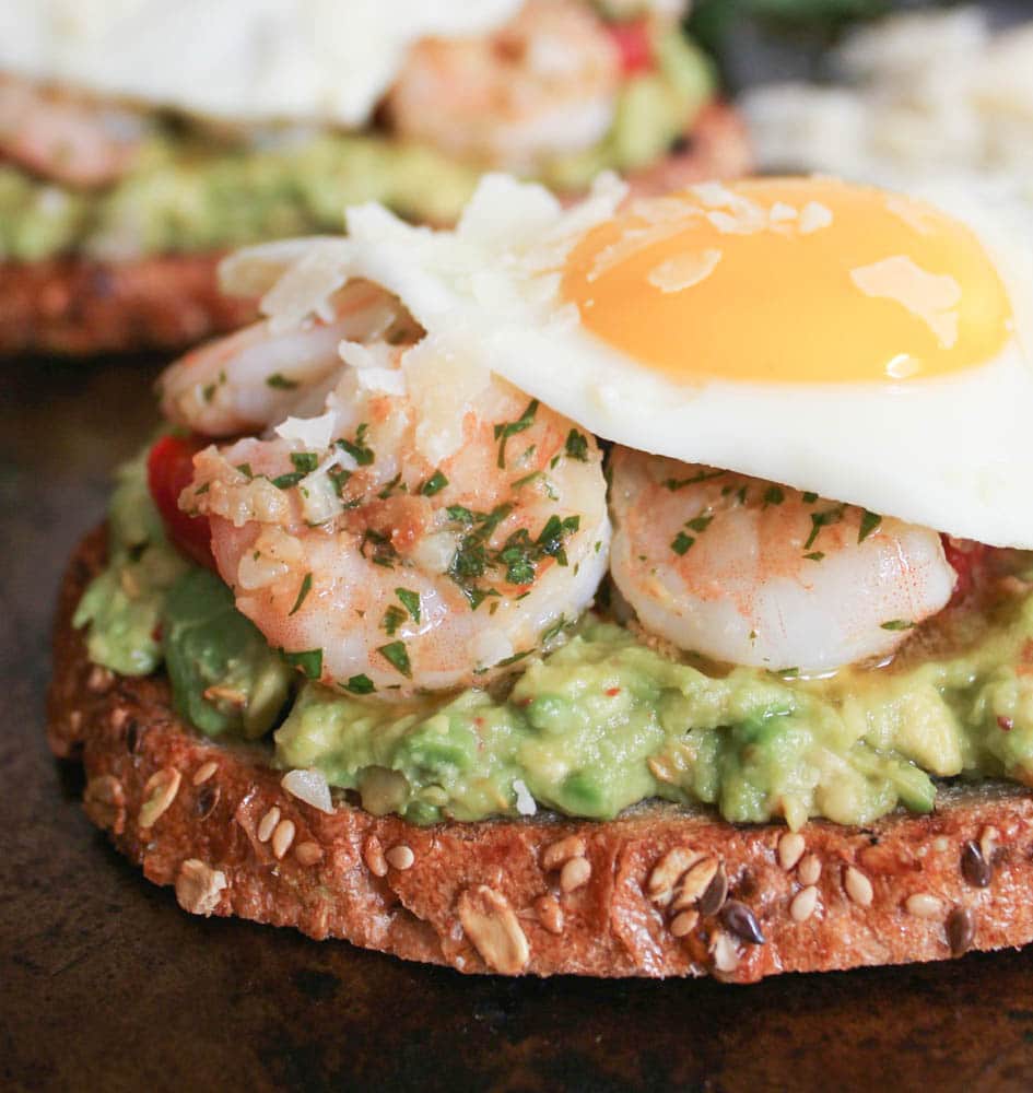 Avocado-Toast-with-Charred-Tomatoes-Garlic-Shrimp-and-Fried-Eggs