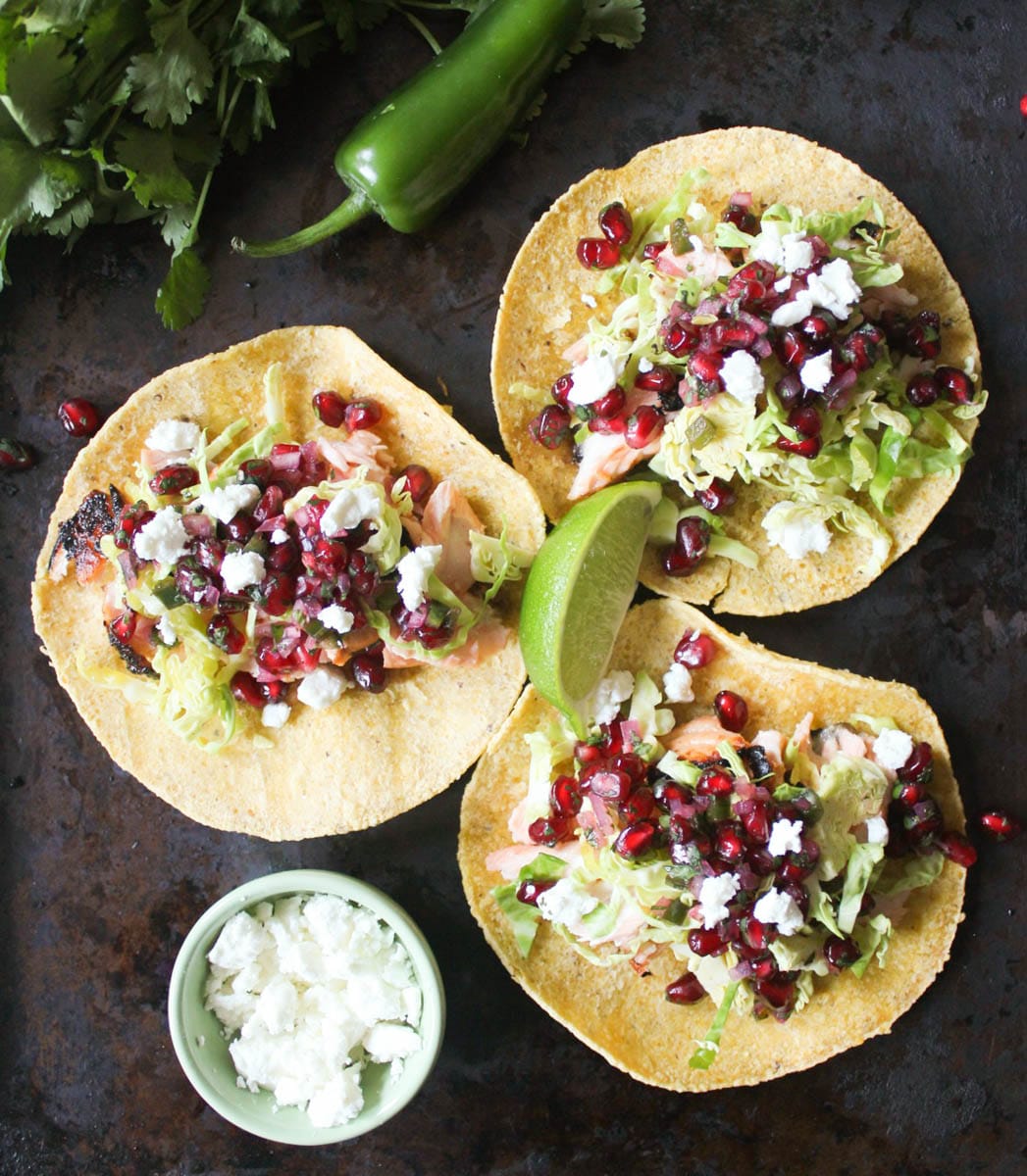 Grilled-Salmon-Tacos-with-Pomegranate-Jalapeno-Salsa-with-Brussels-Sprouts-and-Goat-Cheese-4