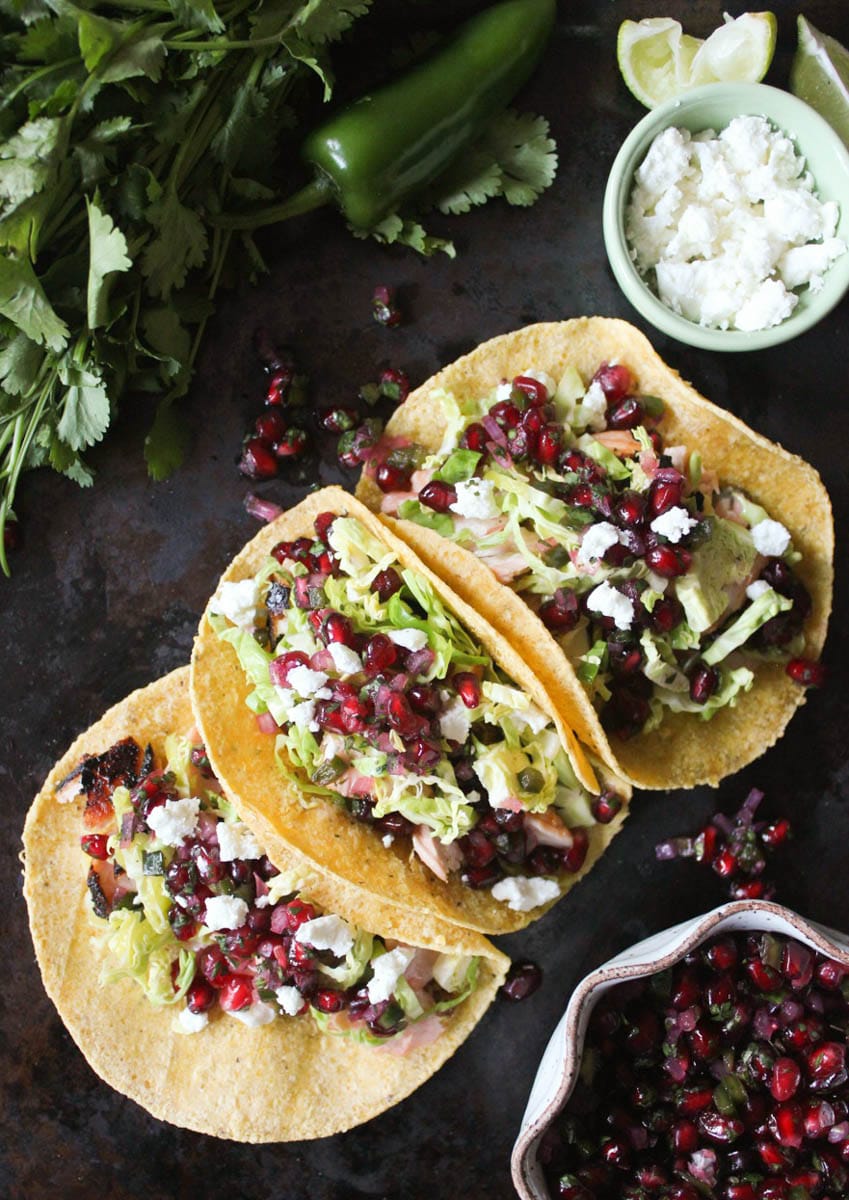 Grilled-Salmon-Tacos-with-Pomegranate-Jalapeno-Salsa-with-Brussels-Sprouts-and-Goat-Cheese