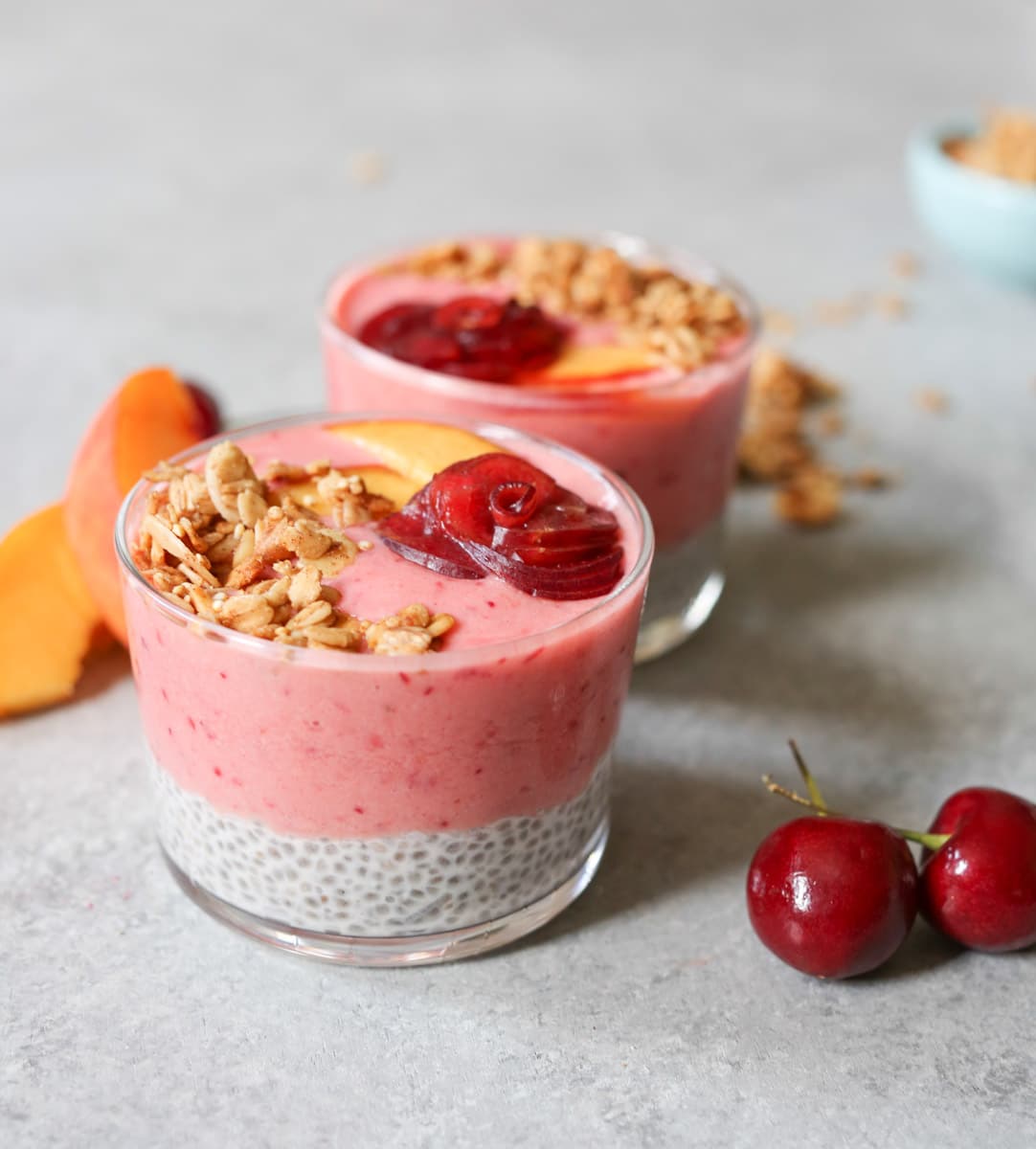 Peach-Cherry-Smoothie-and-Coconut-Chia-Pudding-Parfaits