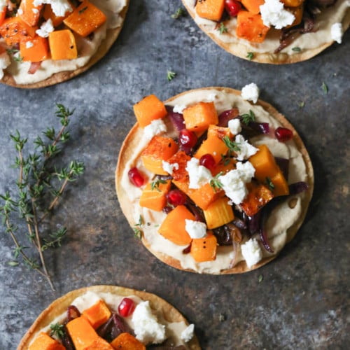 Roasted Butternut Squash Tostadas with Hummus, Caramelized Onions and ...