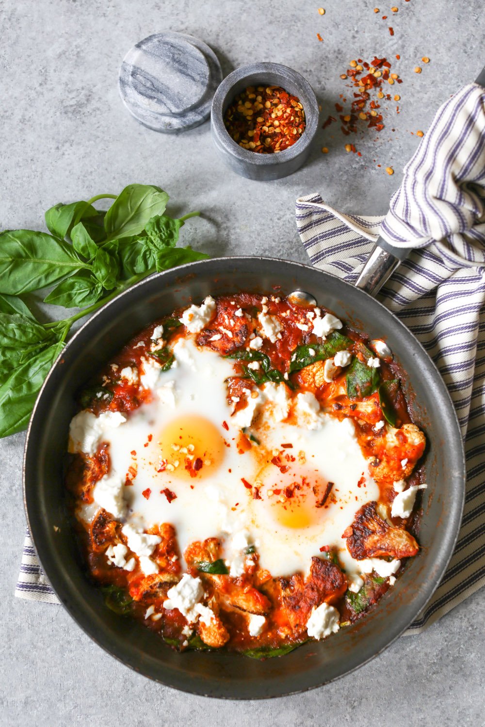 5-ingredient Skillet Eggs with Spinach and Roasted Cauliflower