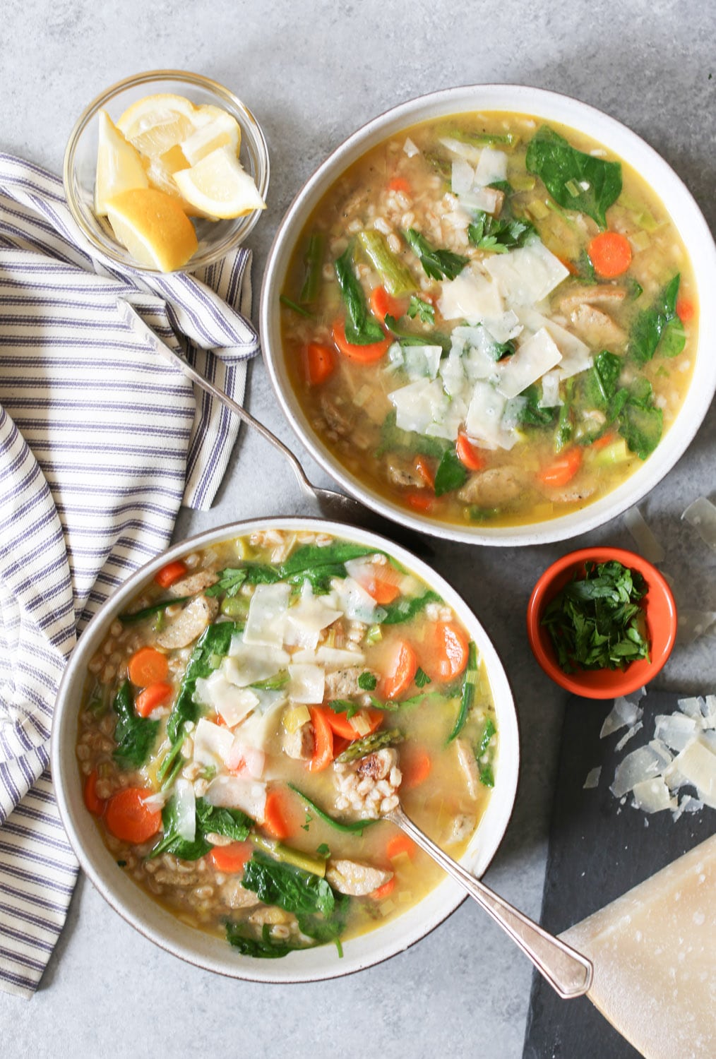 Healthy Pantry Recipes- Spring Vegetable Soup with Farro and Chicken Sausage
