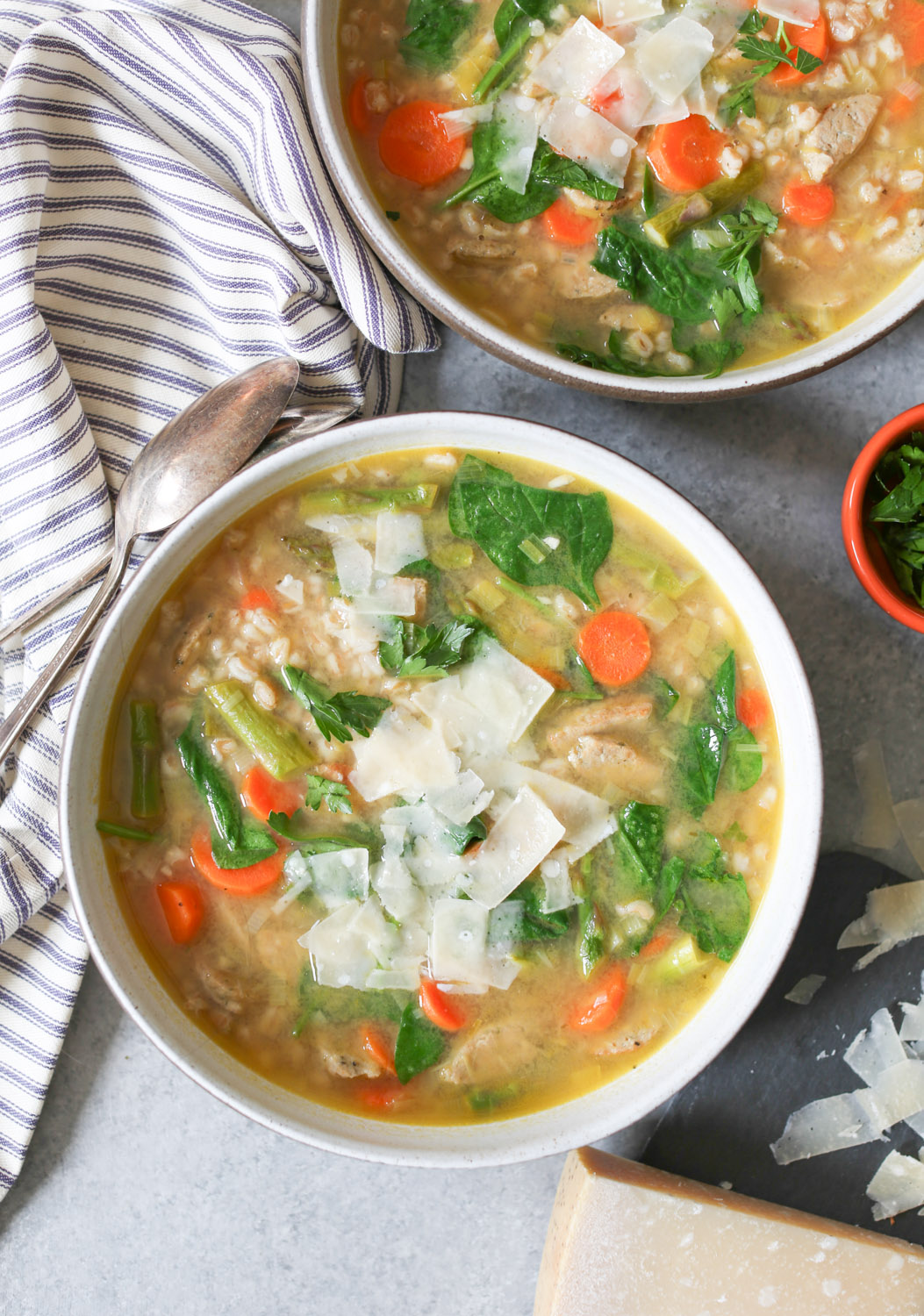 Spring Vegetable Soup with Farro and Chicken Sausage - Domesticate ME