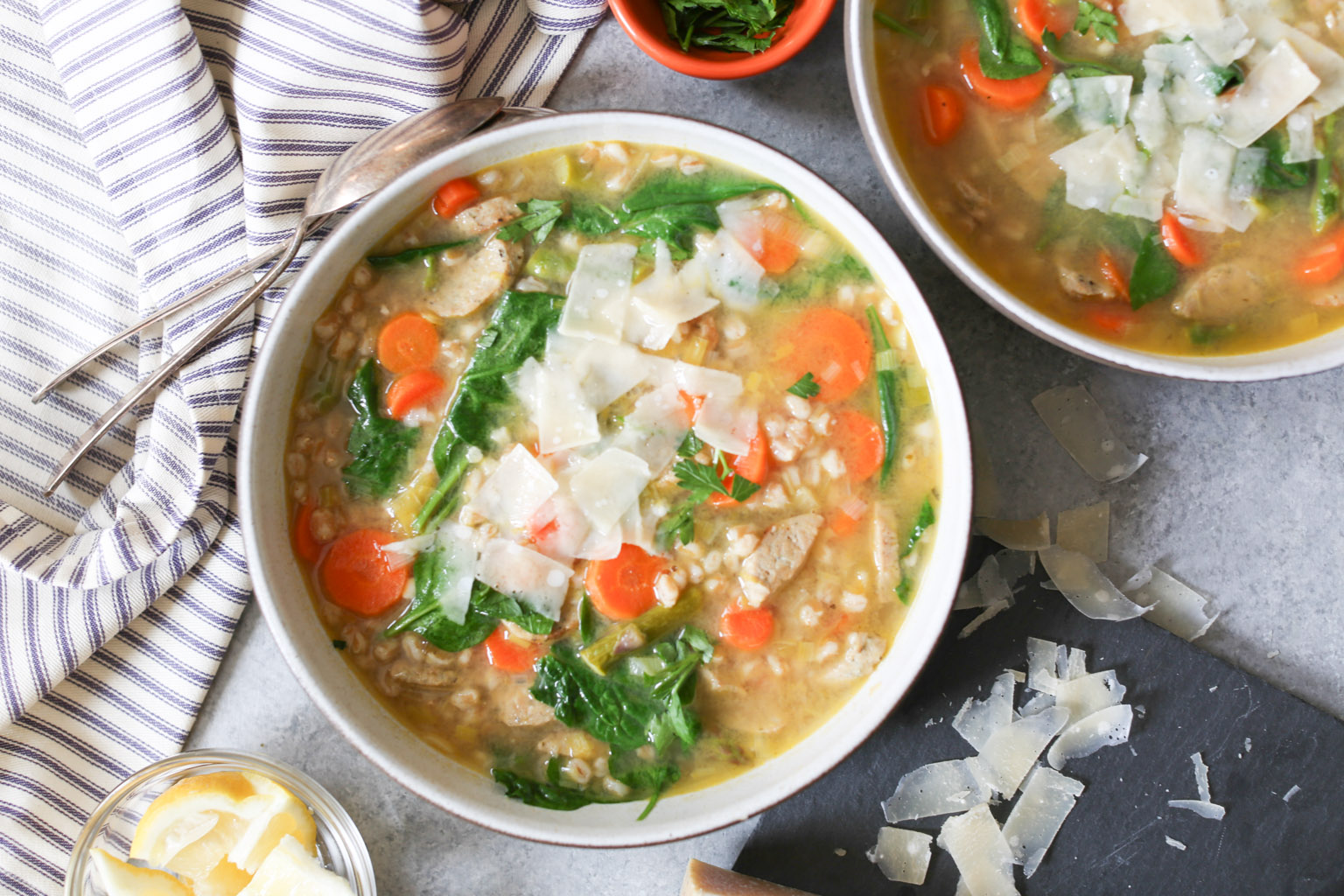 Spring Vegetable Soup with Farro and Chicken Sausage- Domesticate ME!