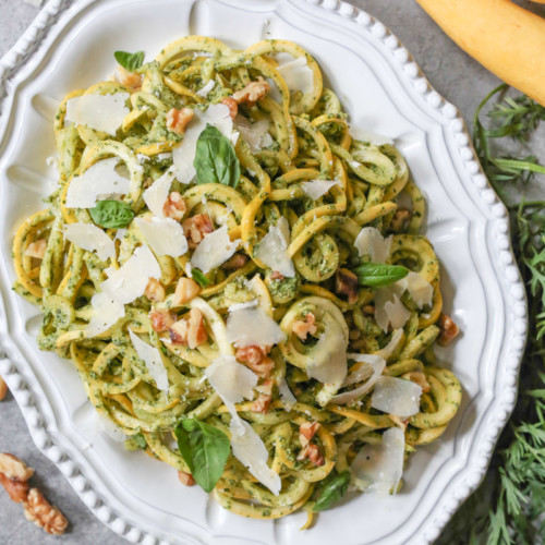 Summer Squash Noodles with Carrot Top Pesto Domesticate ME