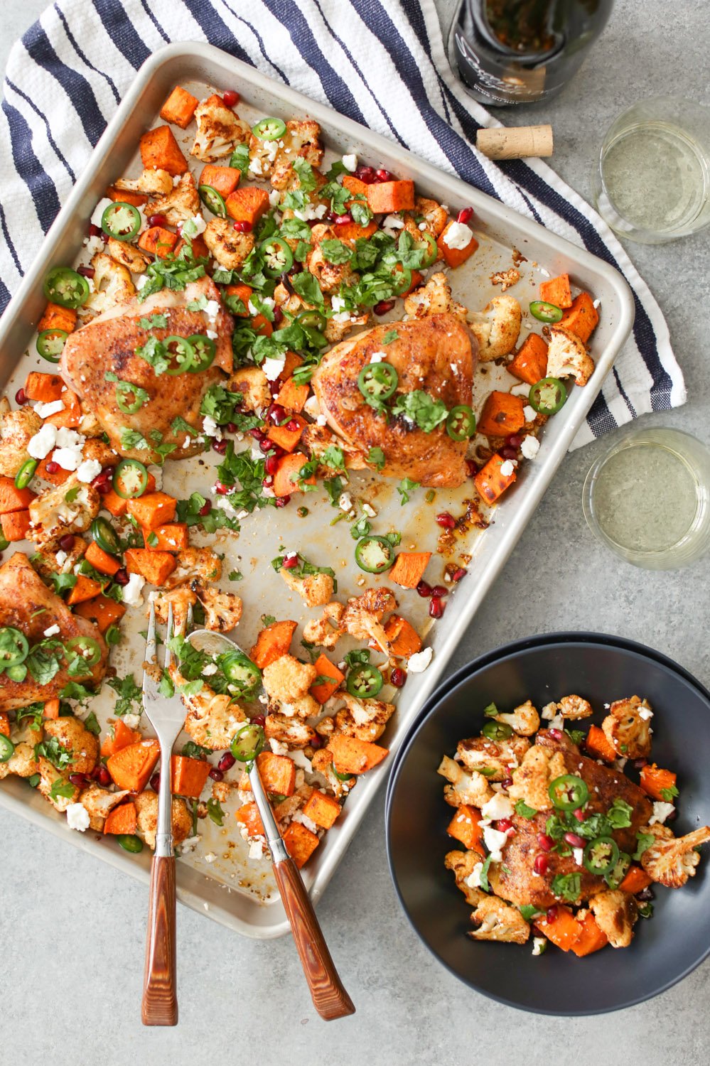 Sheet Pan Chicken Thighs with Cauliflower, Sweet Potatoes, and Pomegranate