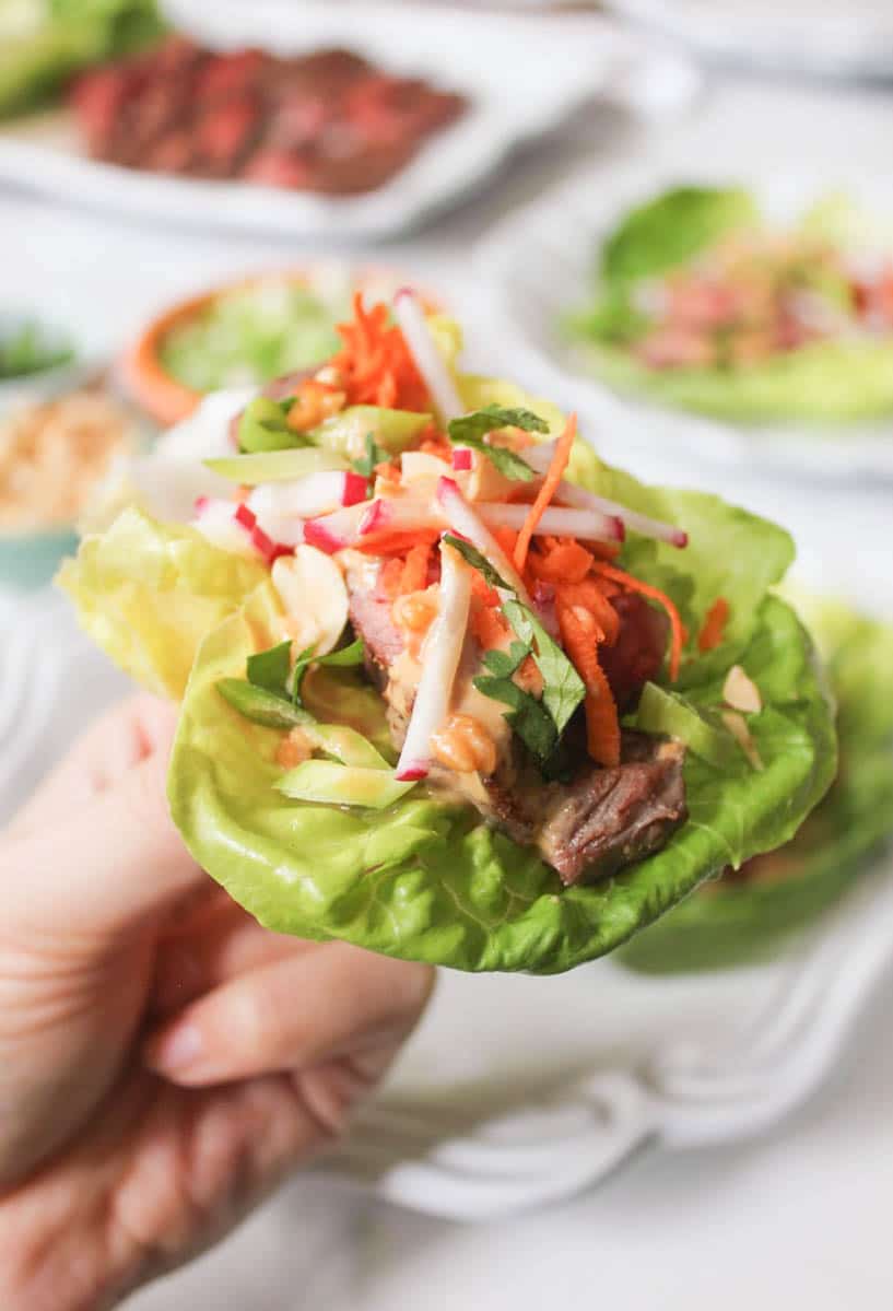 Lettuce Wraps with Five Spice Flank Steak and Peanut Sauce - Domesticate ME