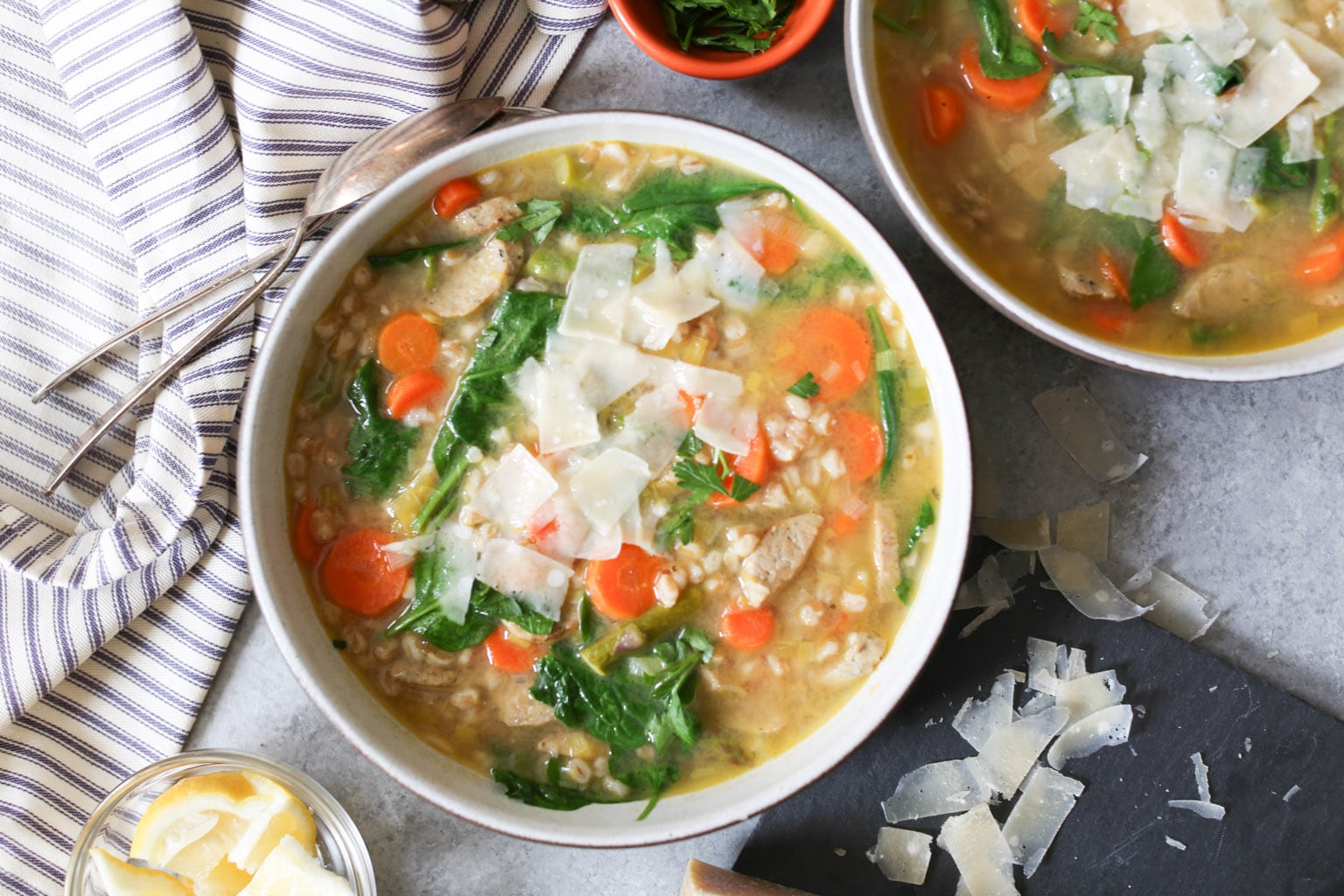 Spring Vegetable Soup with Farro and Chicken Sausage - Domesticate ME