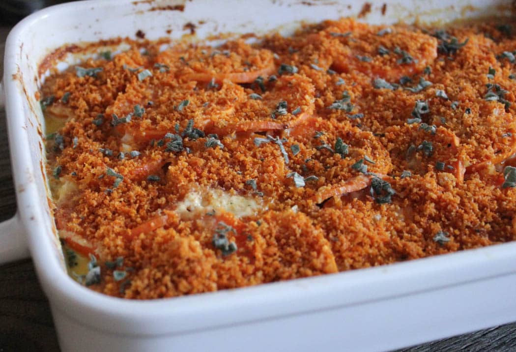 Sweet Potato Gratin with Pancetta, Parmesan and Sage - Domesticate ME