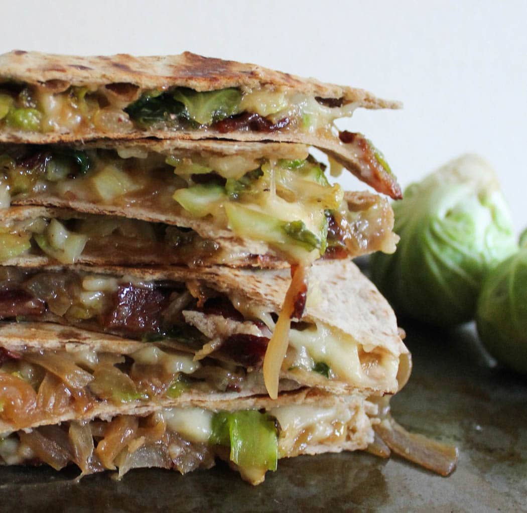 Brie Quesadillas with Brussels Sprouts, Bacon and BeerGlazed Onions Domesticate ME