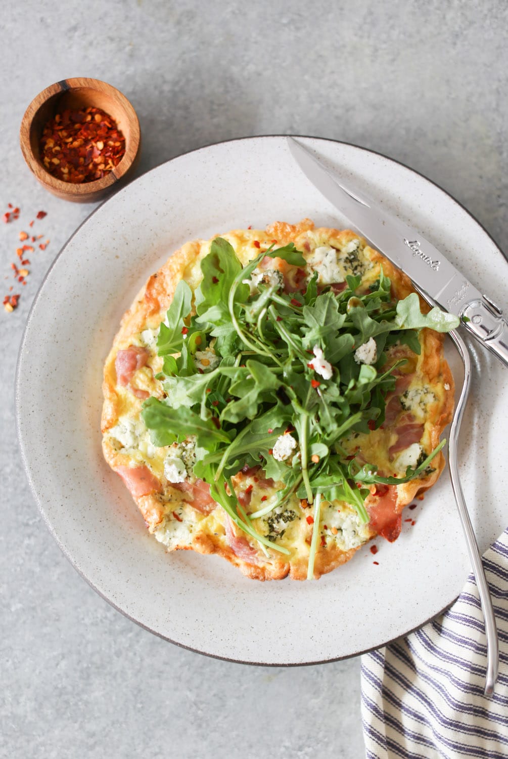 Personal Frittata with Prosciutto, Goat Cheese, and Arugula