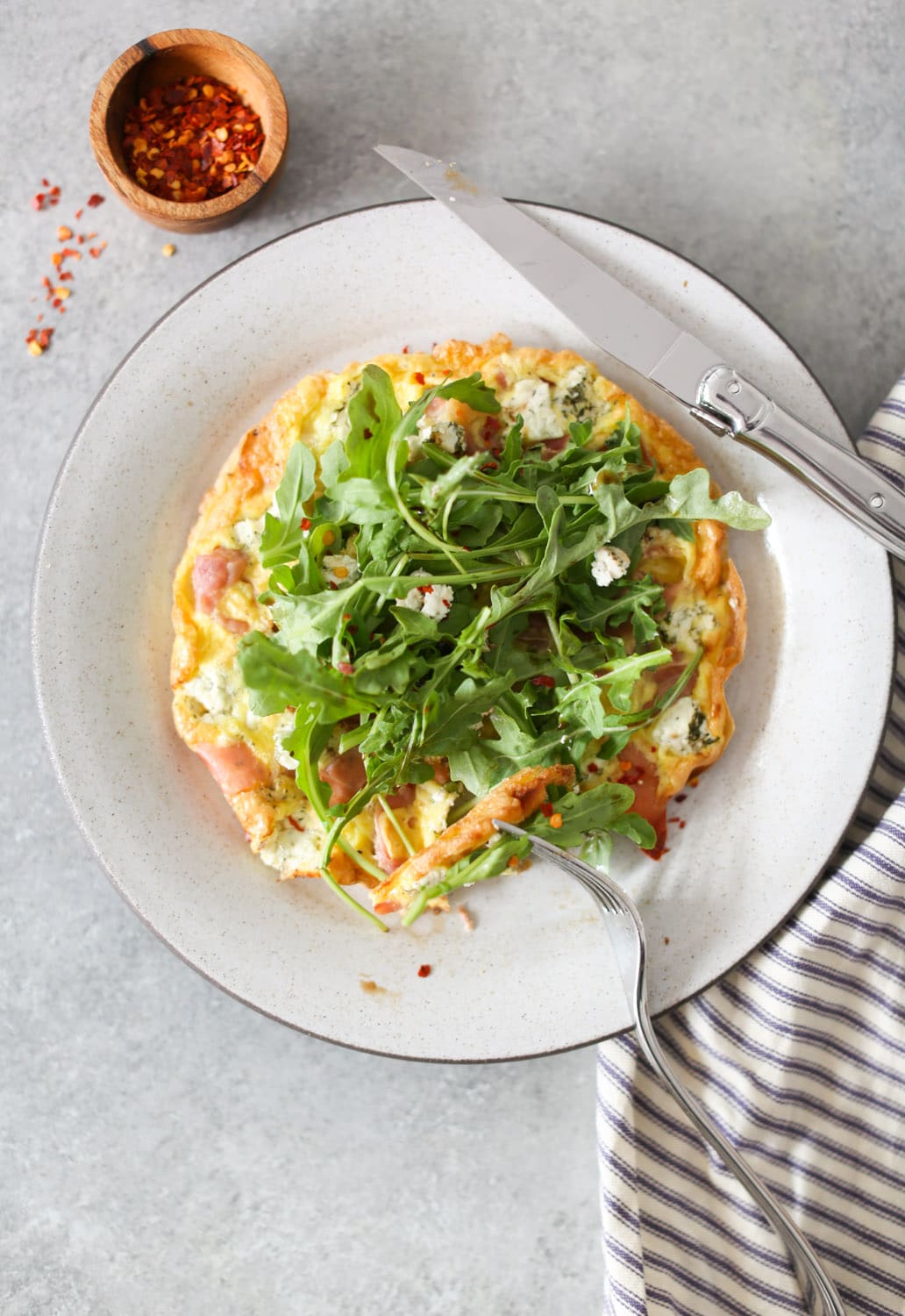 Personal Frittata with Prosciutto, Goat Cheese, and Arugula