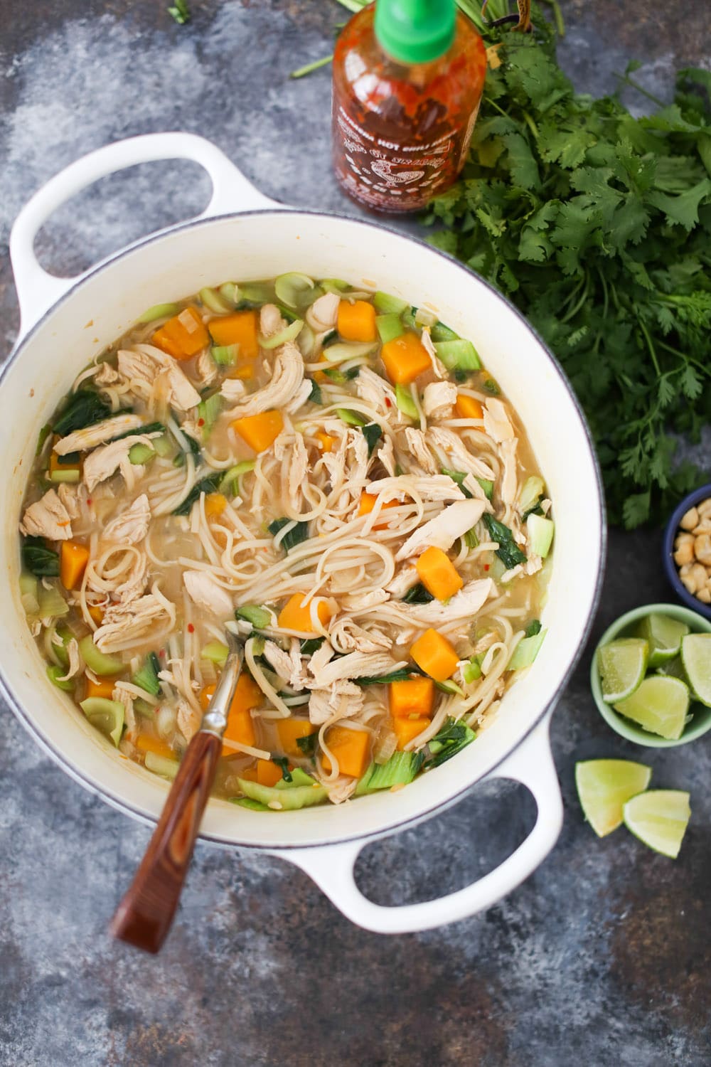 One-Pot Asian Noodles with Chicken, Butternut Squash and Baby Bok Choy