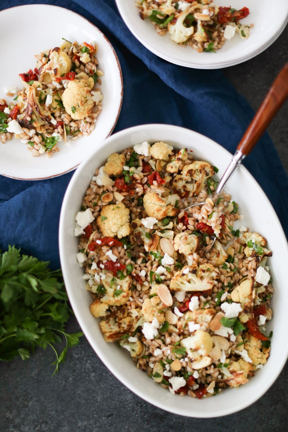 20 Satisfying Vegetarian Recipes- Roasted Cauliflower and Farro Salad with Sun-Dried Tomatoes