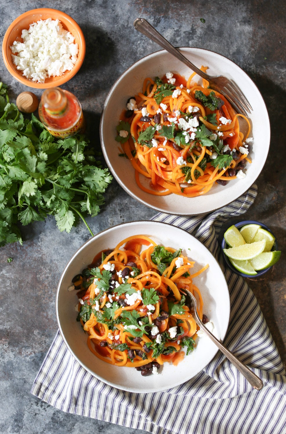 20 Satisfying Vegetarian Recipes- Butternut Squash Noodle Enchilada Bowls with Black Beans and Kale