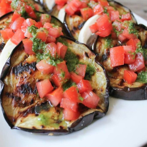 Grilled Eggplant with Fresh Mozzarella, Tomatoes and Basil Vinaigrette