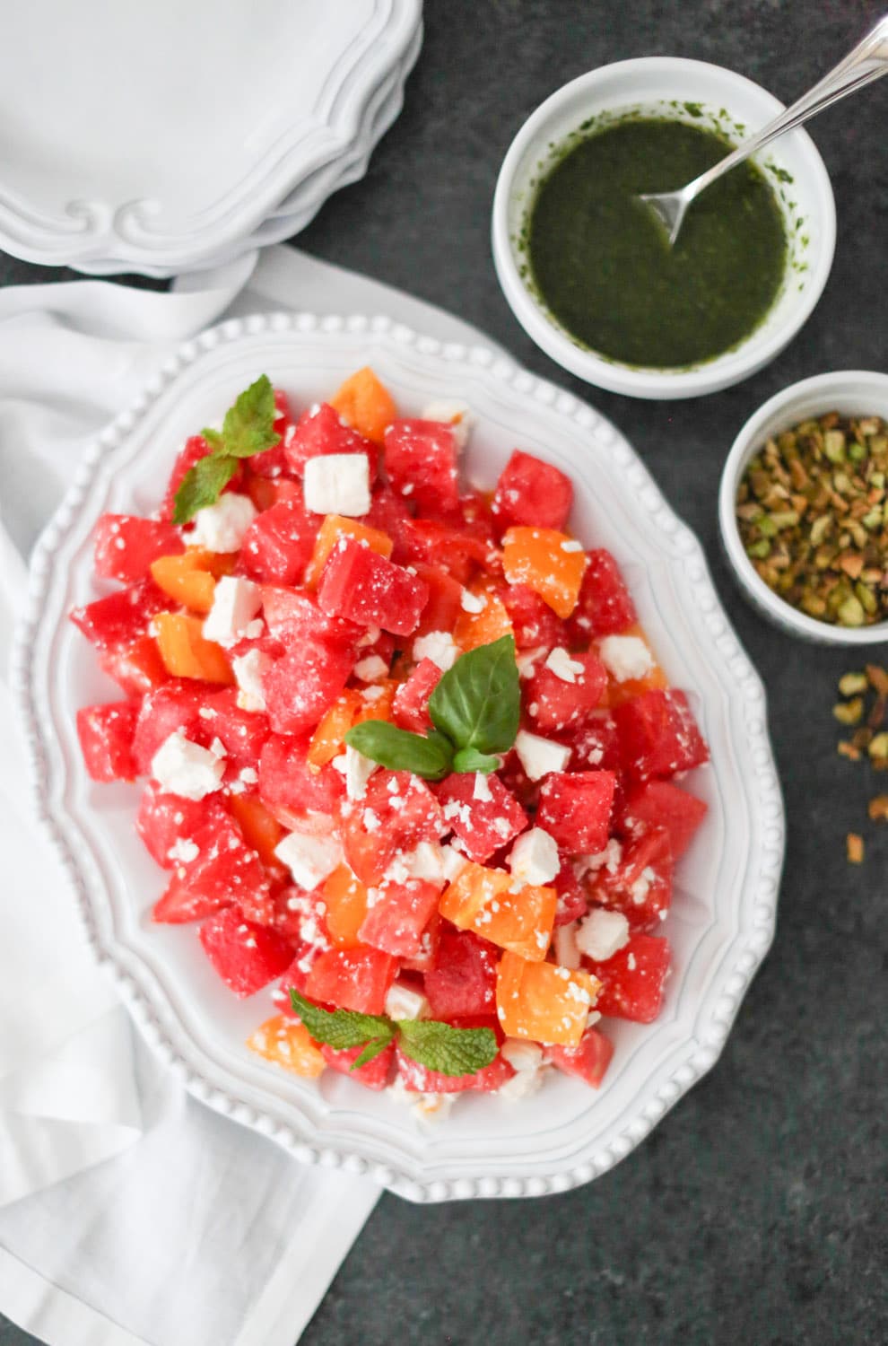 Watermelon Salad with Tomato, Feta and Herb Vinaigrette