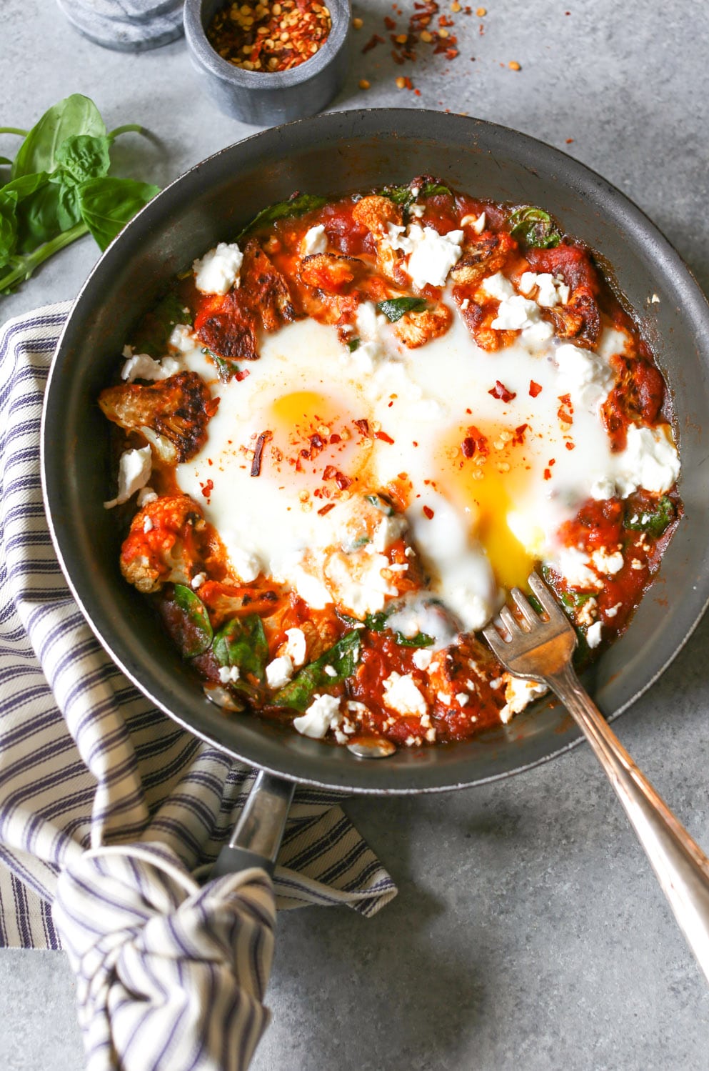Healthy Pantry Recipes- Skillet Eggs with Roasted Cauliflower and Spinach
