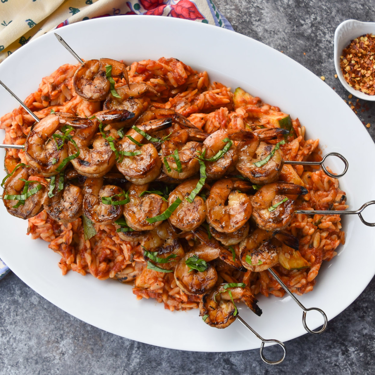 Orzo with Tomato Basil Sauce, Zucchini, and Grilled Shrimp Domesticate ME