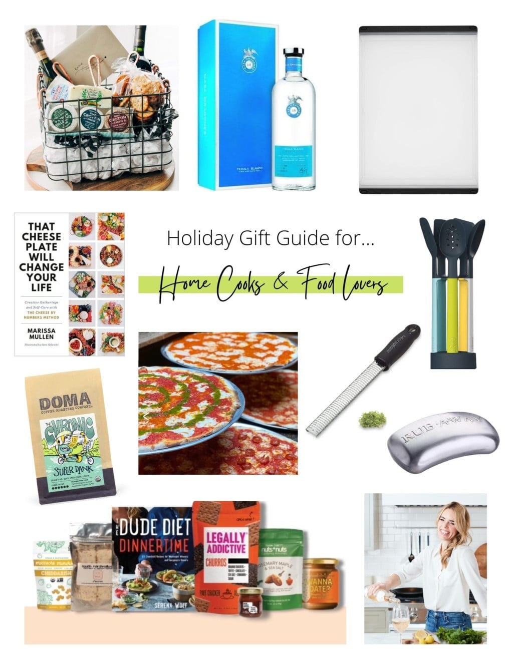 Collage of holiday gift ideas for home cooks and food lovers.