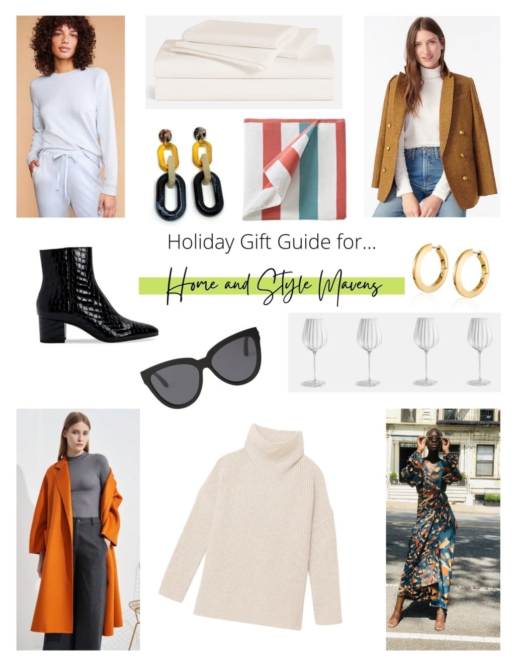 Collage of holiday gift ideas for home decor lovers and fashionistas.