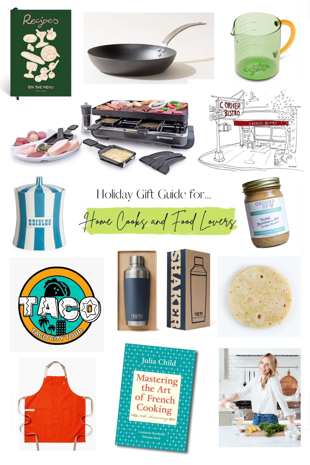 Collaged images of gift ideas for cooks and foodies.
